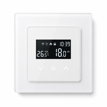 Studio packshot of white Wi-Fi touchscreen wall thermostat