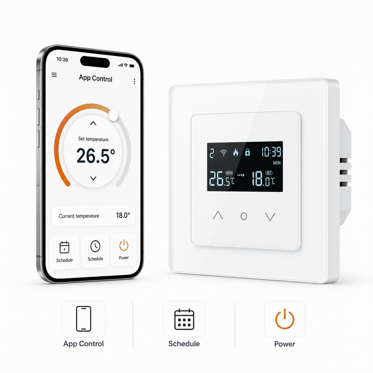 Wi-Fi thermostat shown with a generic mobile app control interface