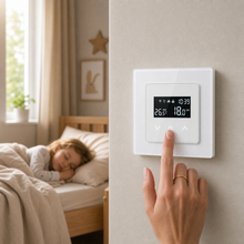 Wall mounted Wi-Fi thermostat adjusted in a calm child bedroom scene