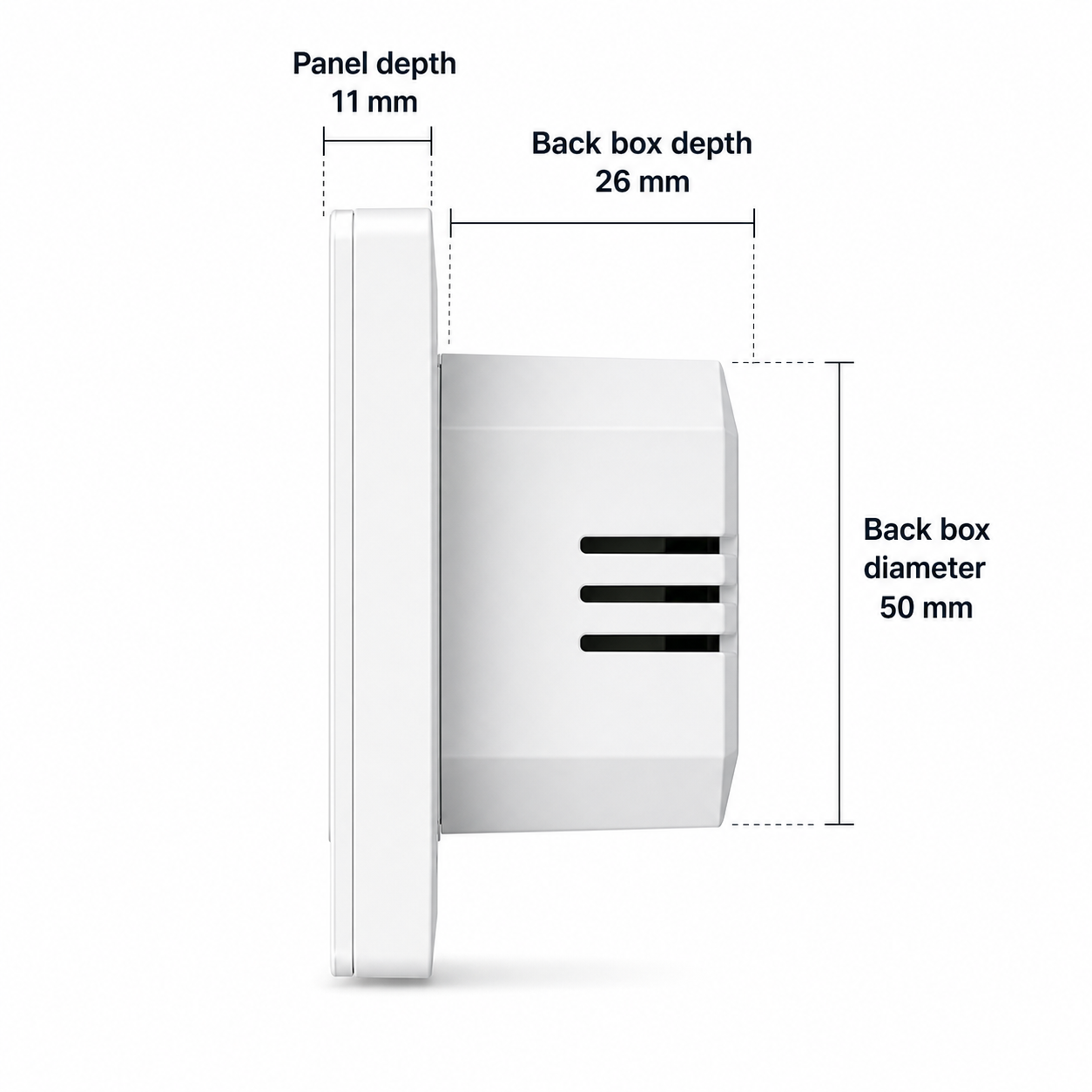 Side depth dimensions for white Wi-Fi wall thermostat and back box
