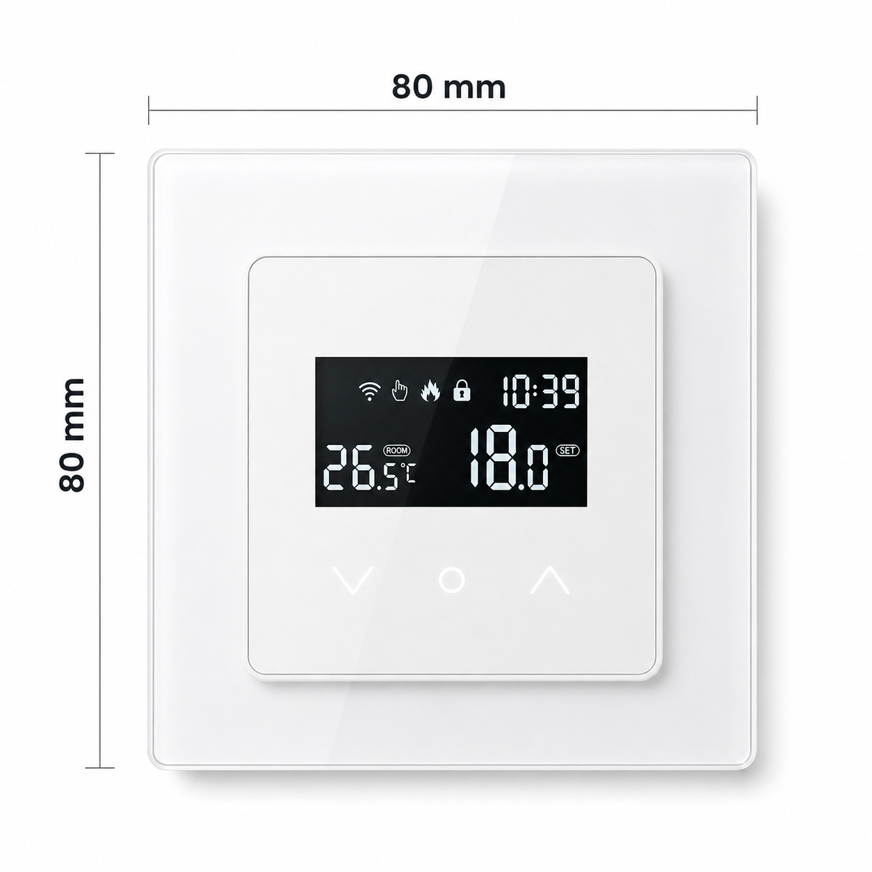 Front dimensions of white Wi-Fi touchscreen wall thermostat