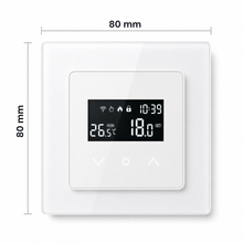 Front dimensions of white Wi-Fi touchscreen wall thermostat