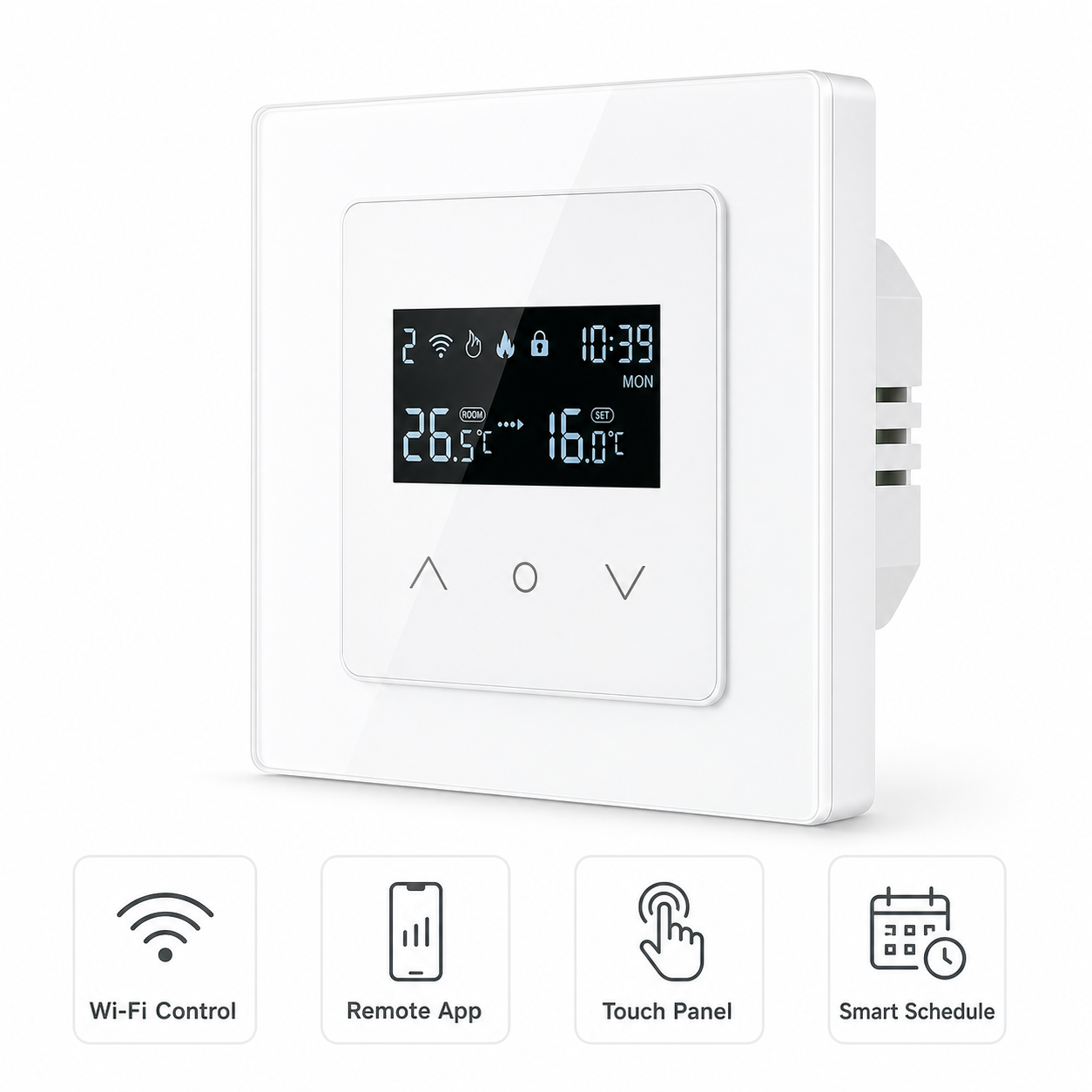 Wi-Fi thermostat feature overview with generic smart control icons