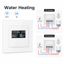 Water heating wiring overview for 3A Wi-Fi thermostat with NC and NO actuators