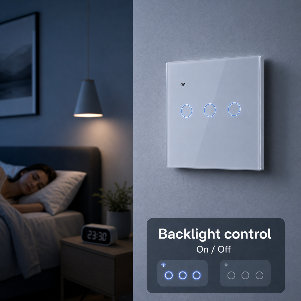 Backlight on off control feature for NéoGlass Lite Comfort WiFi touch switch