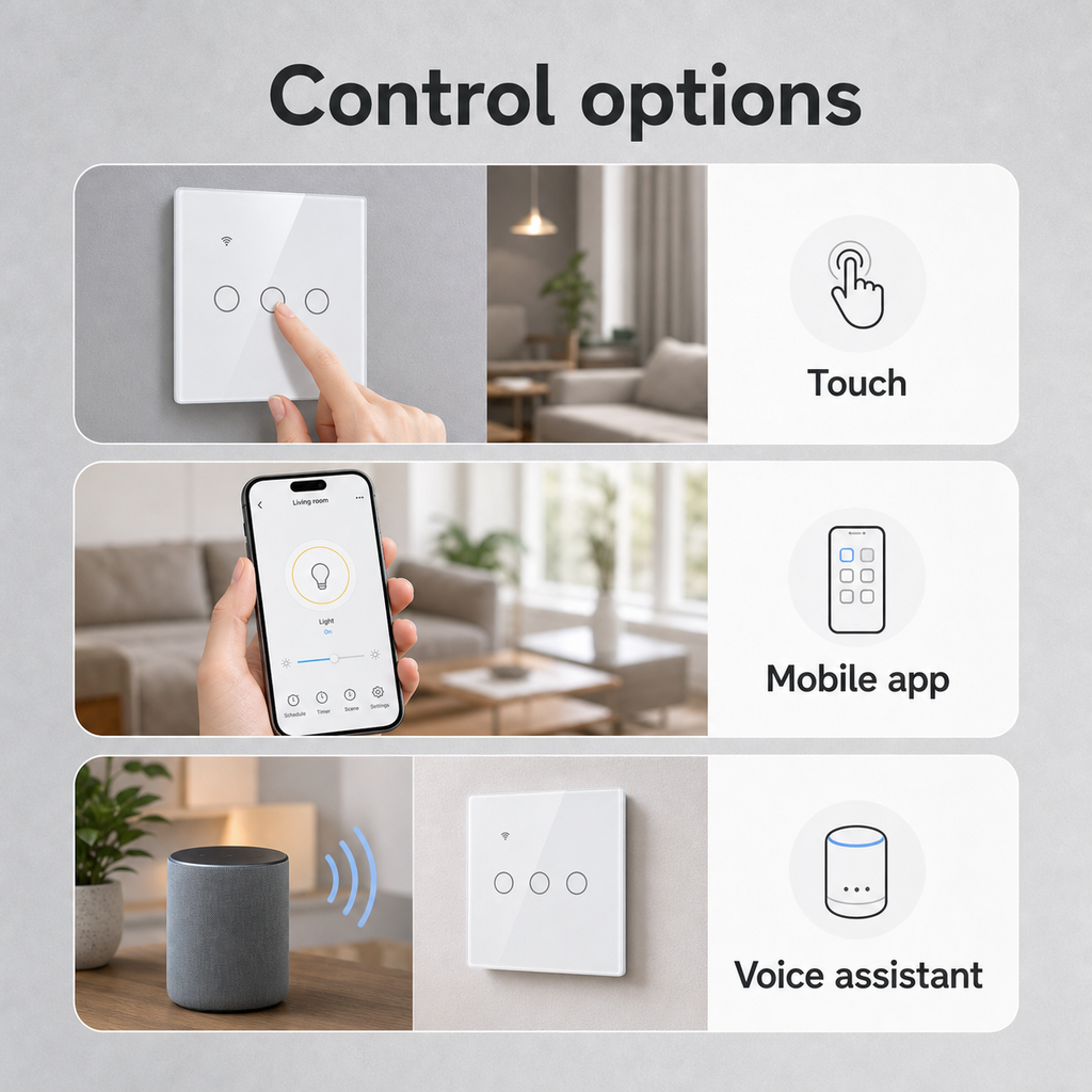 Touch mobile app and voice control options for NéoGlass Lite Comfort WiFi switch