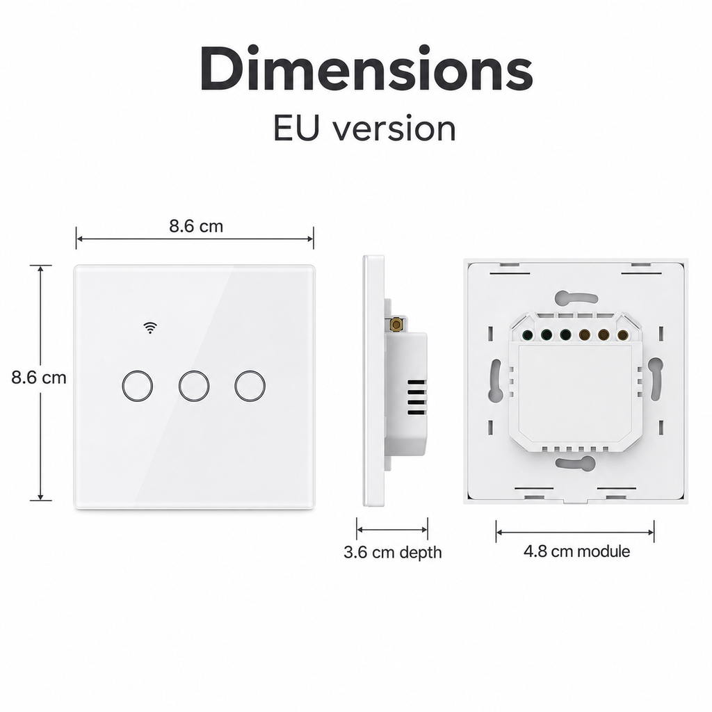 EU dimensions diagram for NéoGlass Lite Comfort WiFi touch switch
