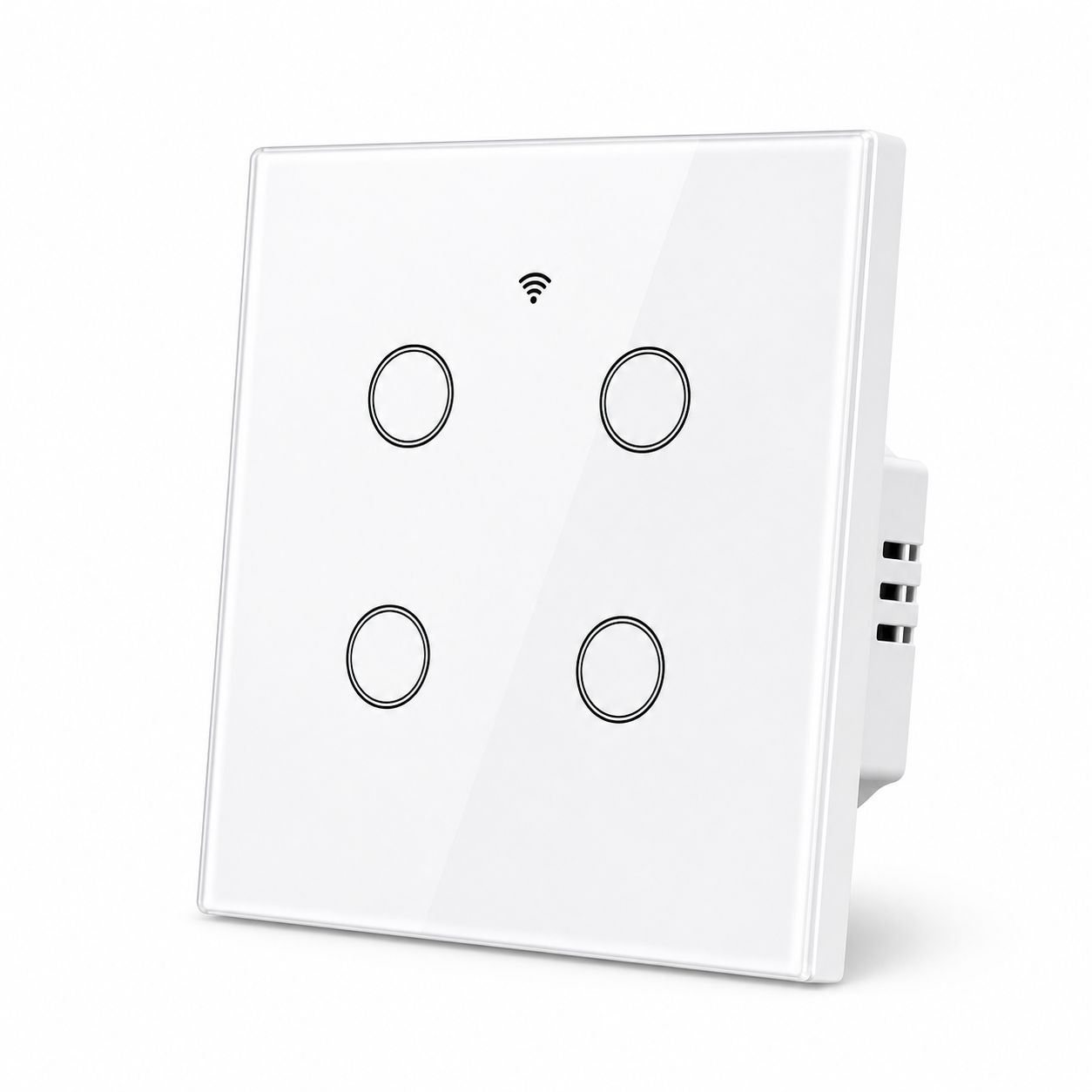 Studio packshot of four-channel NéoGlass Lite Comfort WiFi touch switch