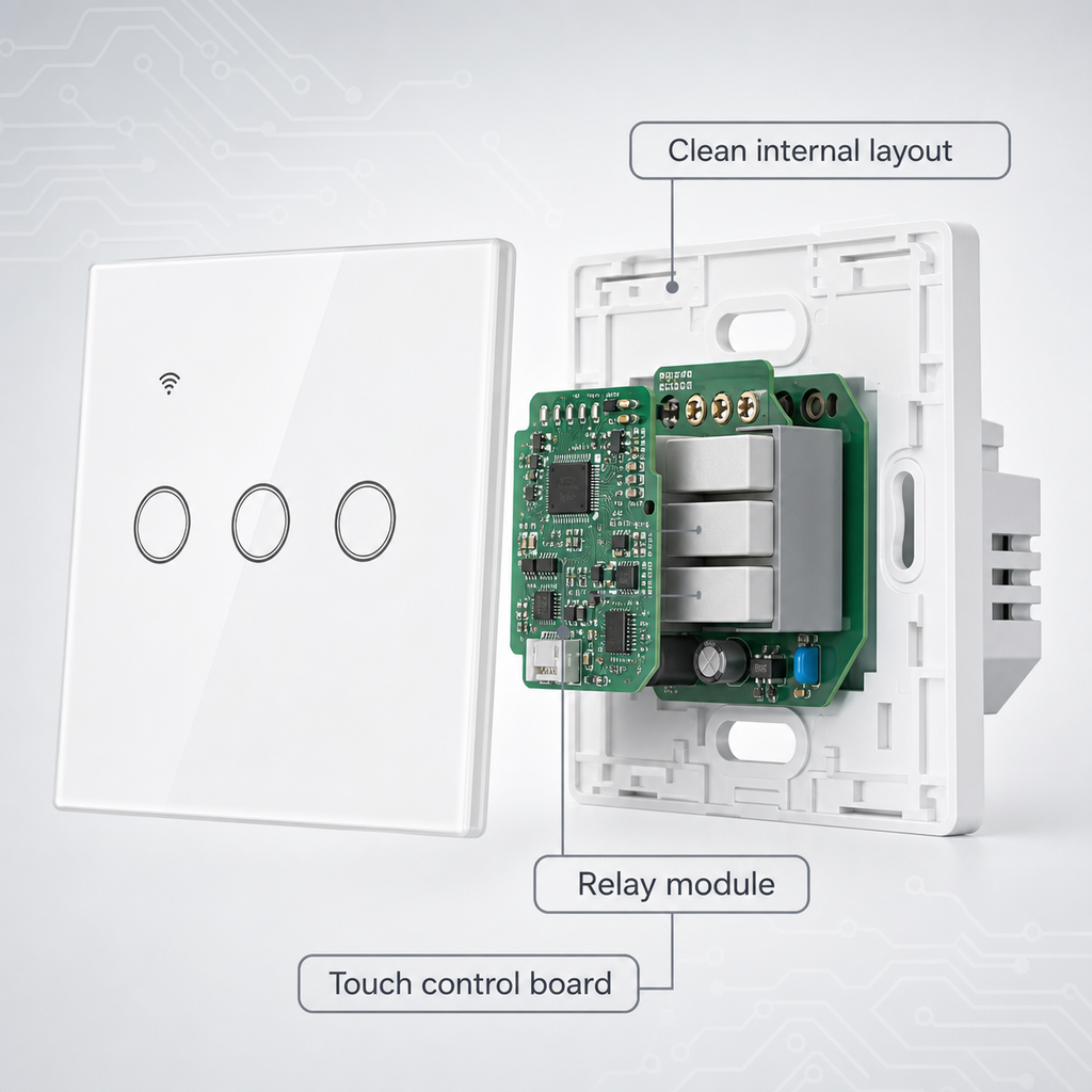 Internal components overview for NéoGlass Lite Comfort WiFi touch switch