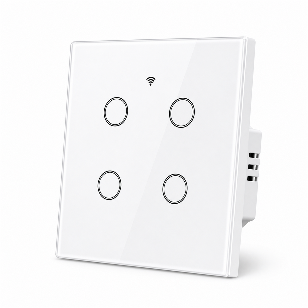 Interrupteur tactile WiFi NéoGlass Lite Comfort blanc sans neutre 4 canaux vue inclinée