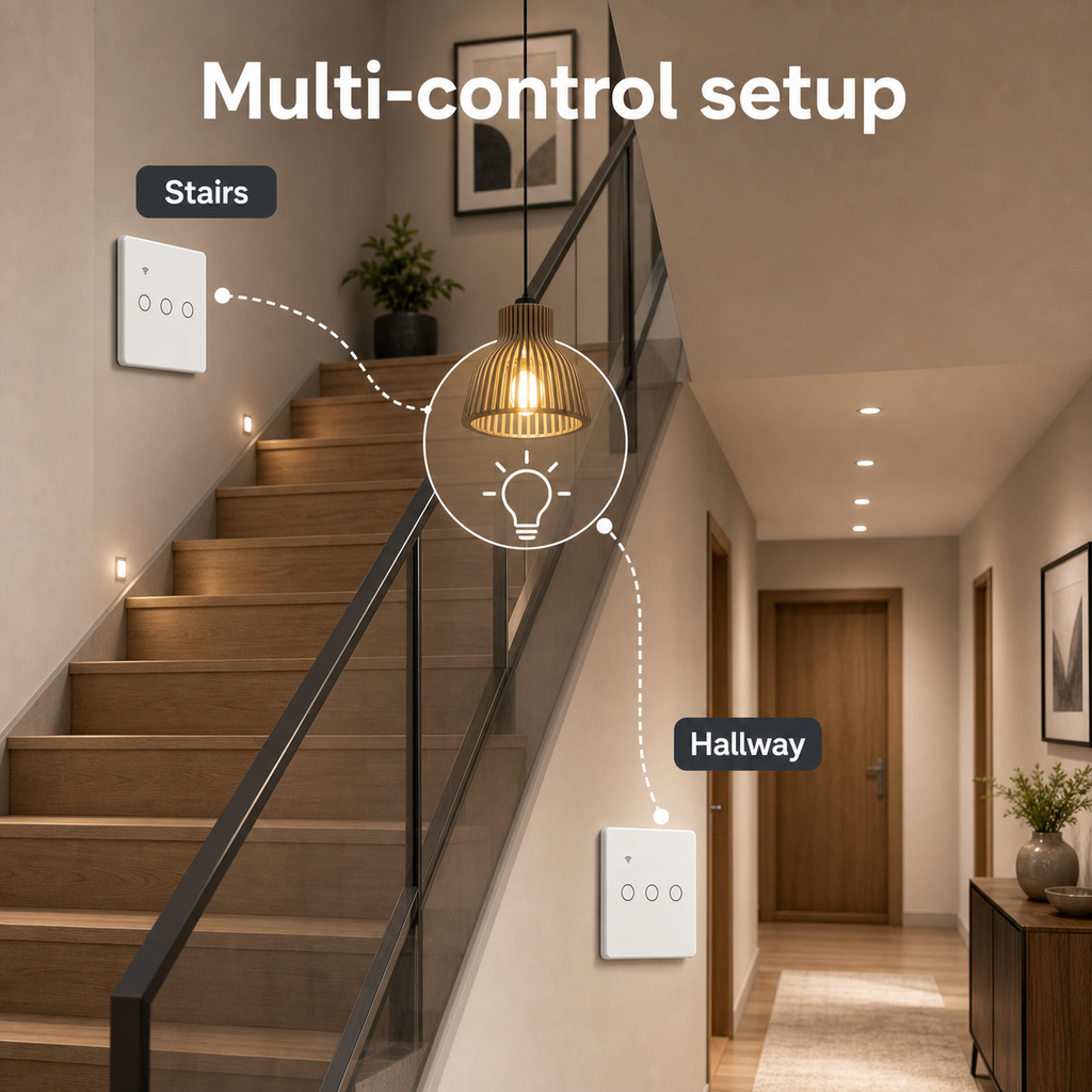 Multi-control stair setup for NéoGlass Lite Comfort WiFi touch switch