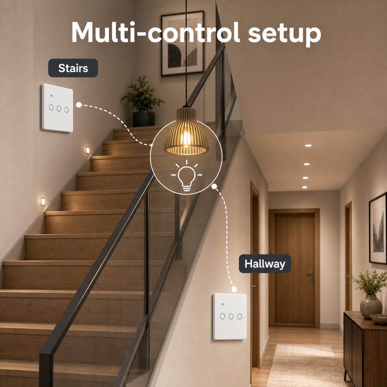 Multi-control stair setup for NéoGlass Lite Comfort WiFi touch switch