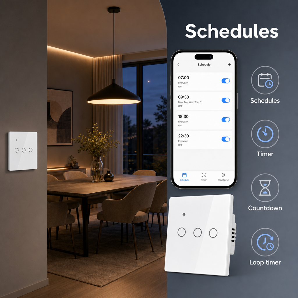 Schedules timer and countdown feature for NéoGlass Lite Comfort WiFi switch
