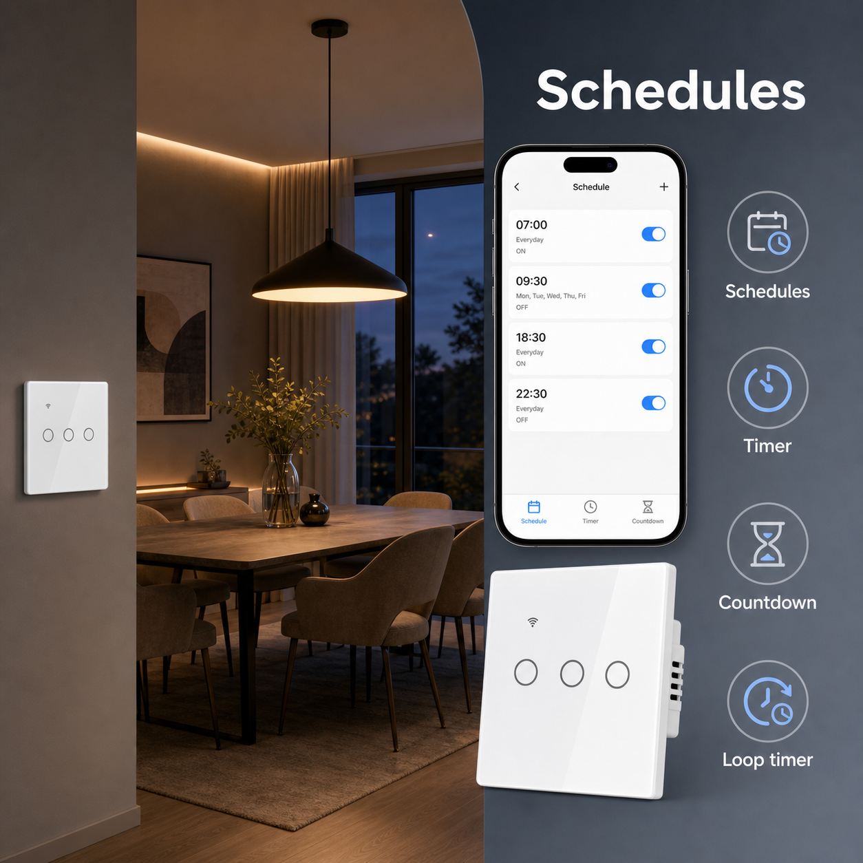 Schedules timer and countdown feature for NéoGlass Lite Comfort WiFi switch