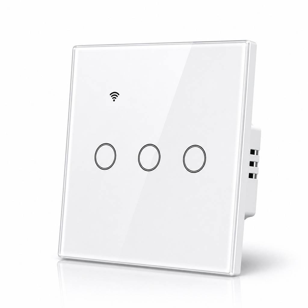 Studio packshot of three-channel NéoGlass Lite Comfort WiFi touch switch
