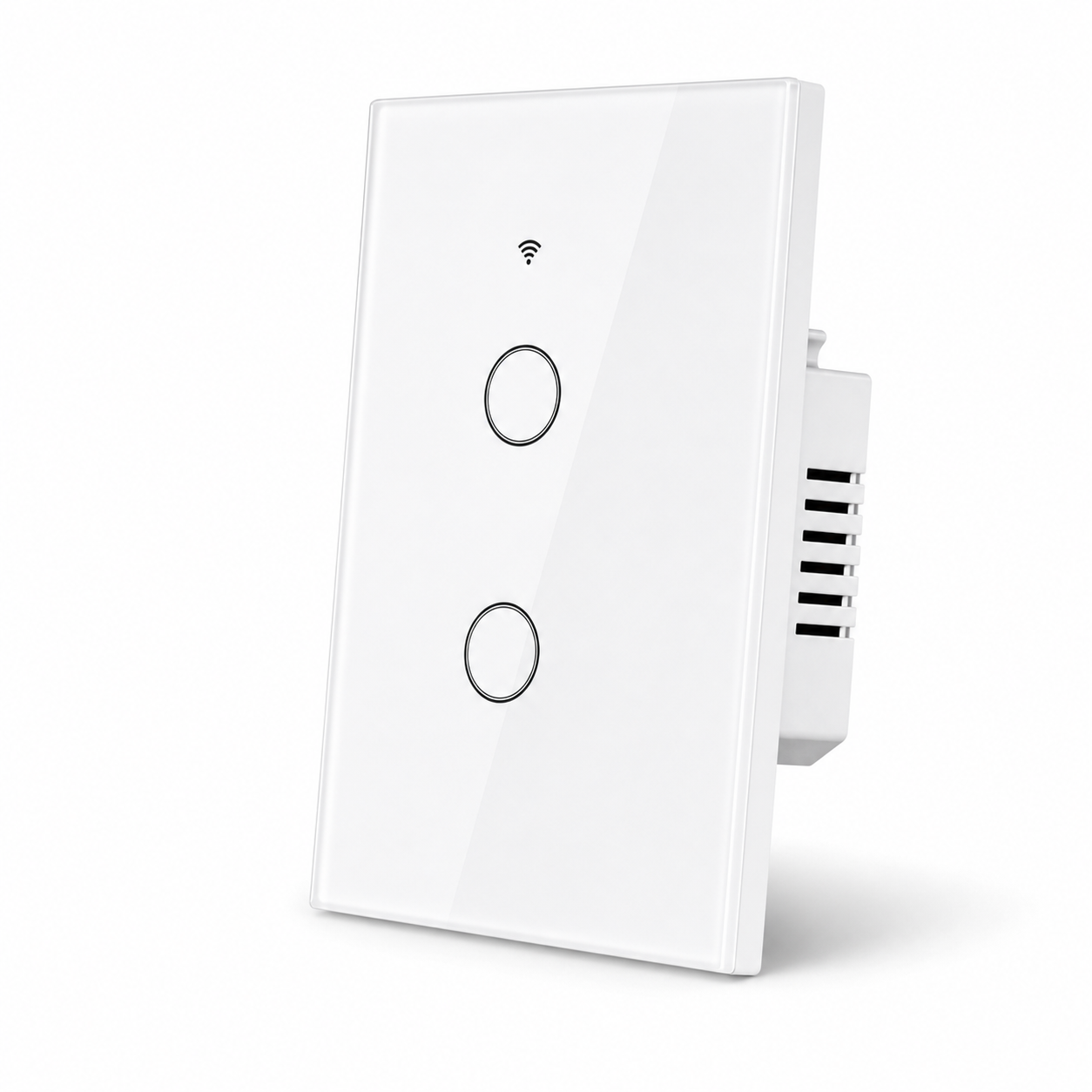 Vertical two-channel packshot of NéoGlass Lite Comfort WiFi touch switch