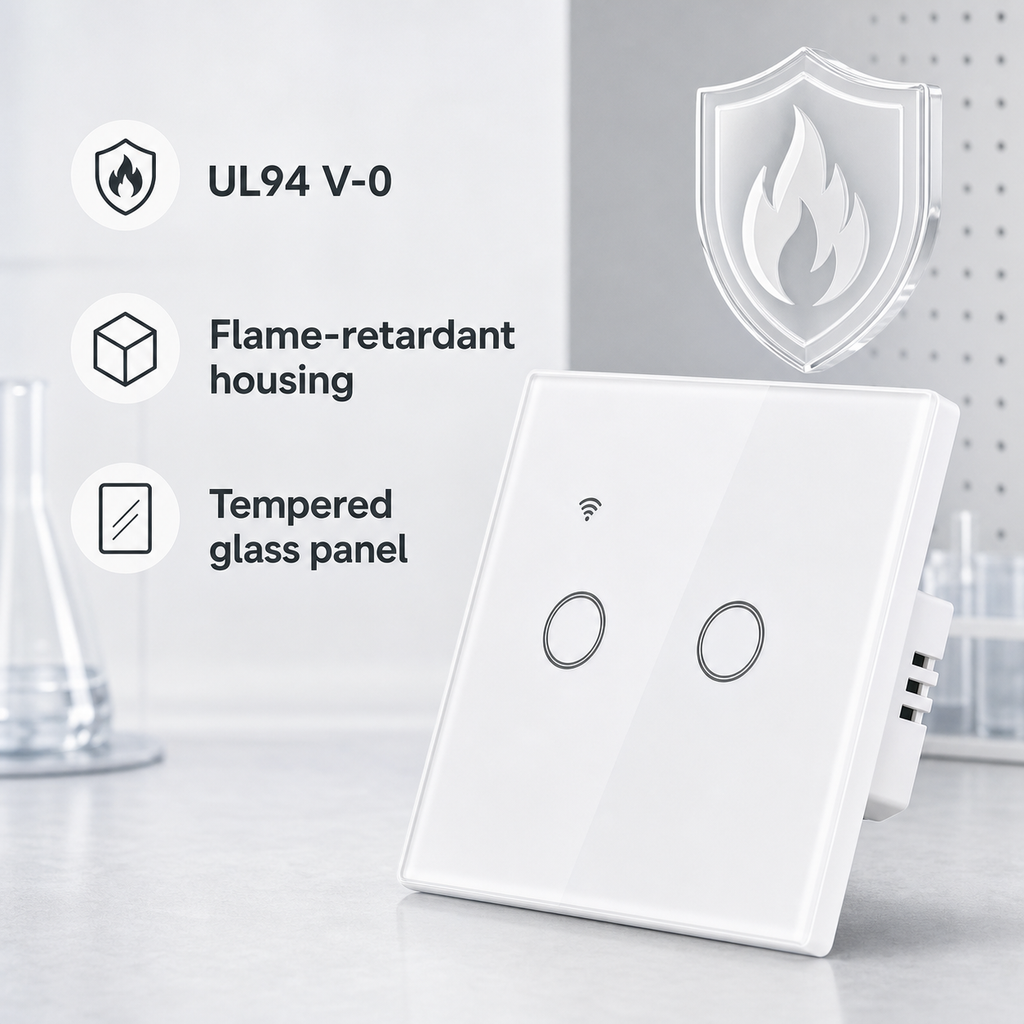 UL94 V-0 and tempered glass feature for NéoGlass Lite Comfort WiFi touch switch