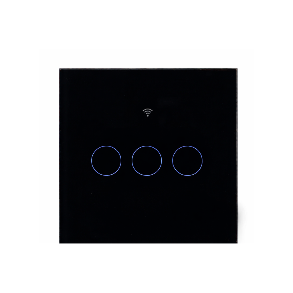 Studio packshot of black three-channel NéoGlass Matter Comfort touch switch