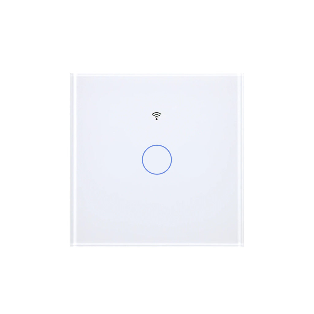 Interrupteur tactile Matter NéoGlass Comfort blanc un canal sur fond blanc.