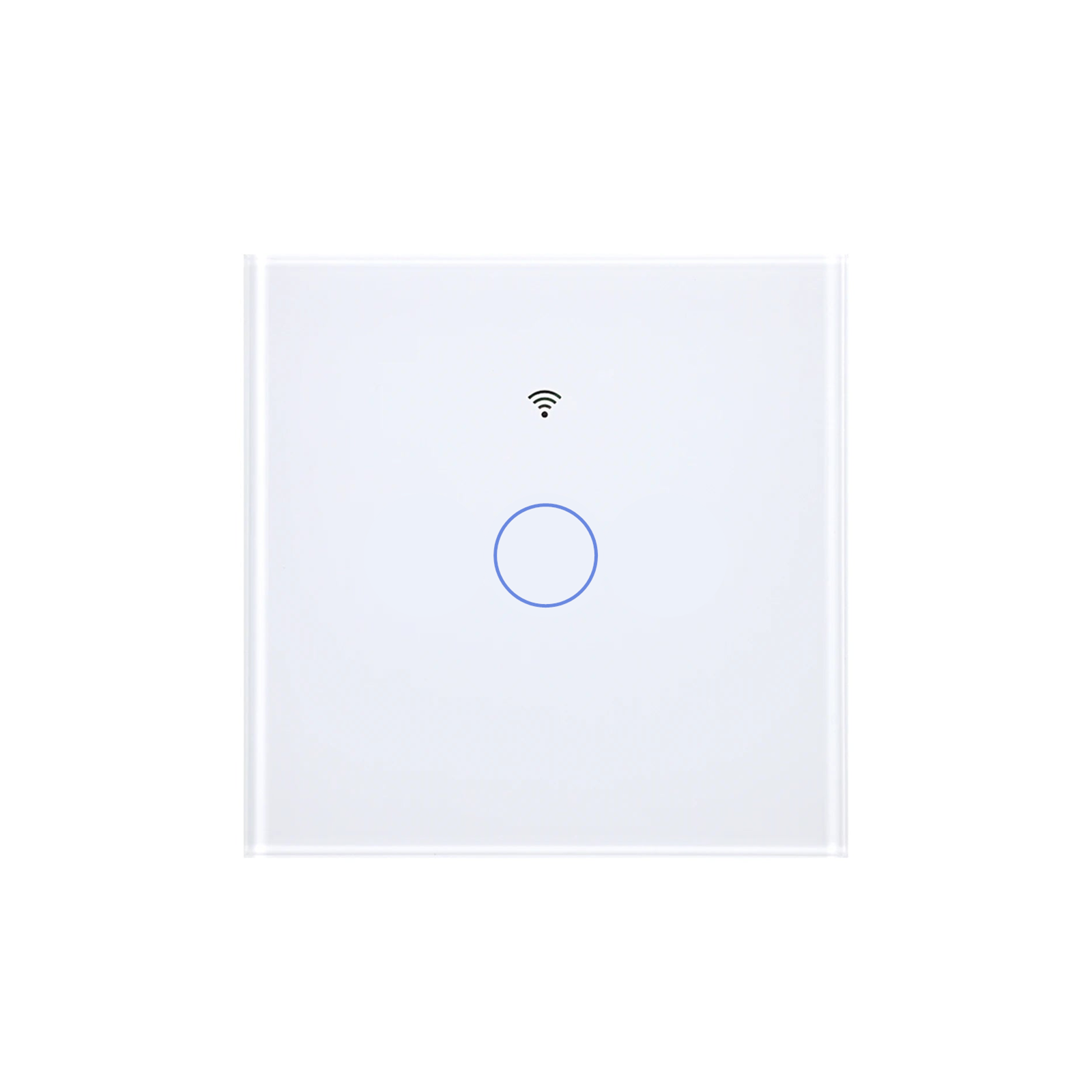 Interrupteur tactile Matter NéoGlass Comfort blanc un canal sur fond blanc.