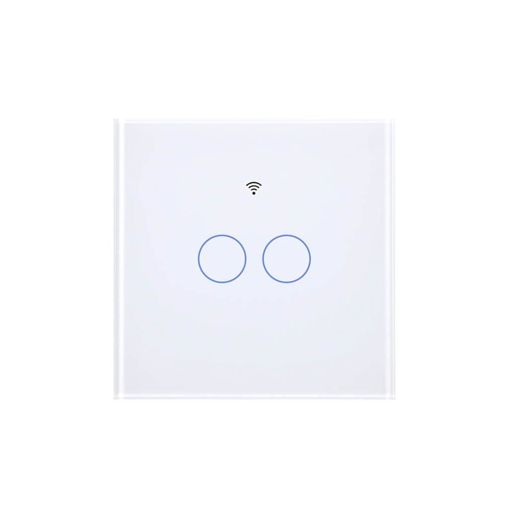 Interrupteur tactile Matter NéoGlass Comfort blanc deux canaux sur fond blanc.