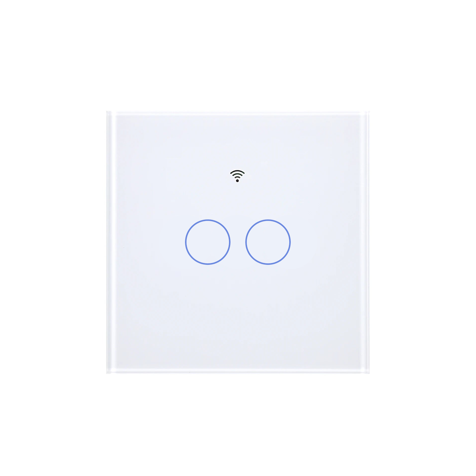 Interrupteur tactile Matter NéoGlass Comfort blanc deux canaux sur fond blanc.