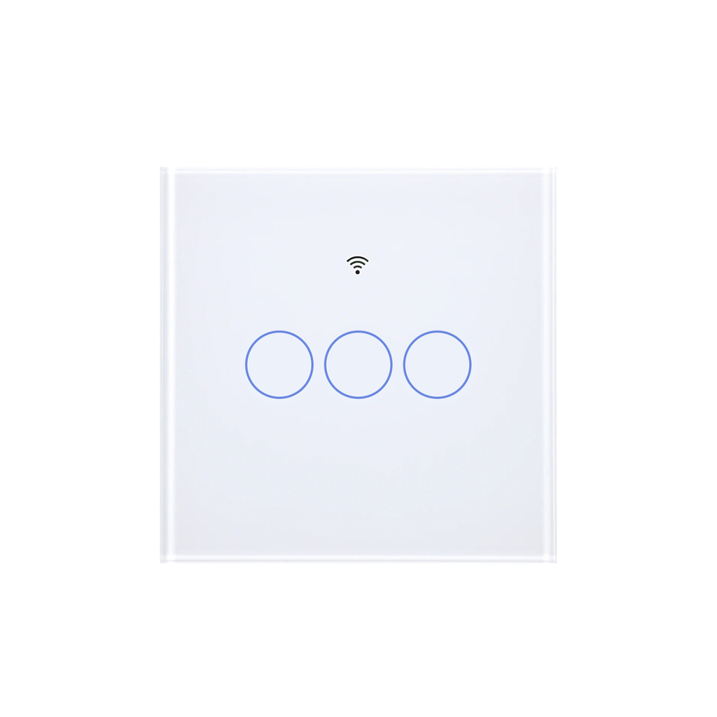 Interrupteur tactile Matter NéoGlass Comfort blanc trois canaux sur fond blanc.