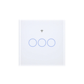 Interrupteur tactile Matter NéoGlass Comfort blanc trois canaux sur fond blanc.