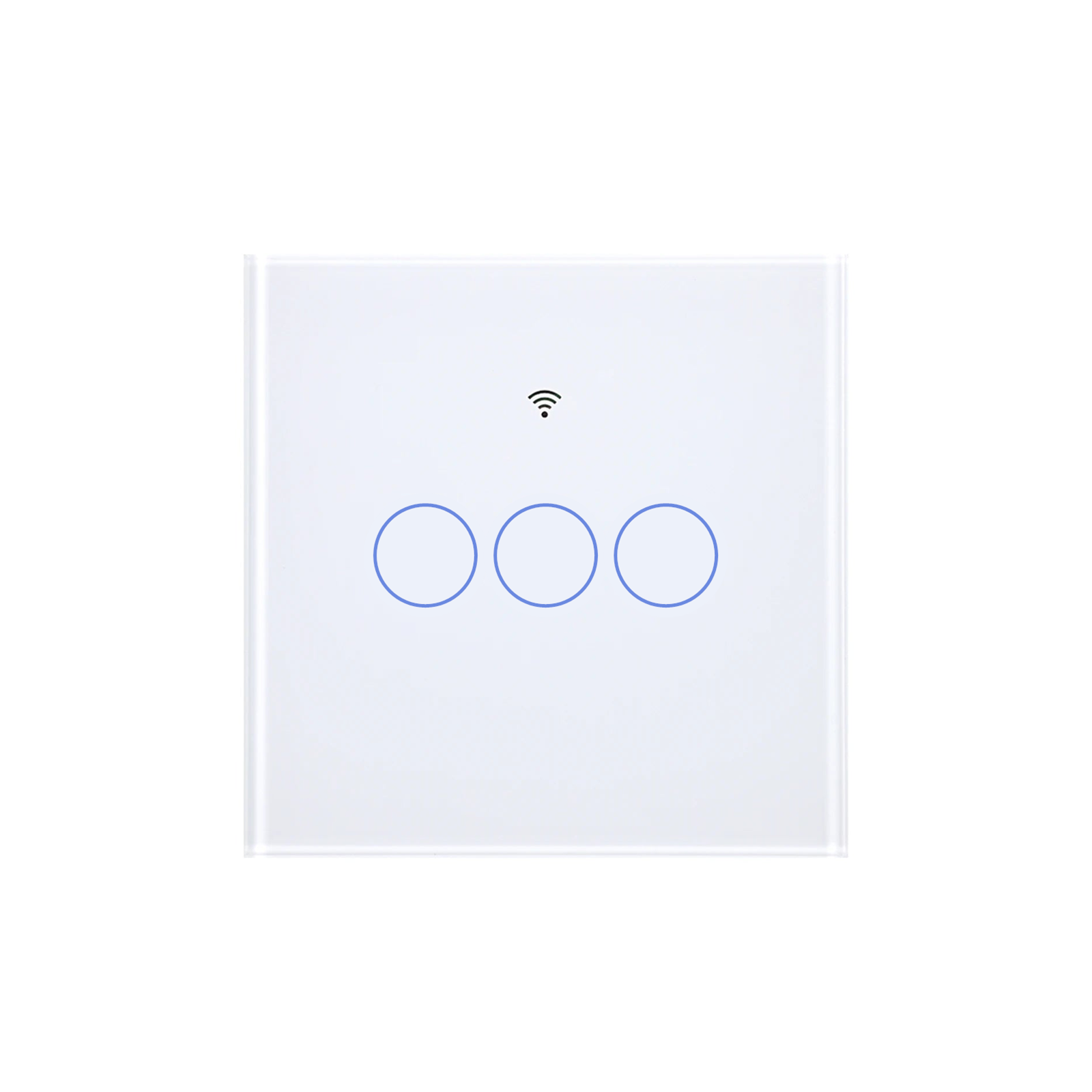Interrupteur tactile Matter NéoGlass Comfort blanc trois canaux sur fond blanc.