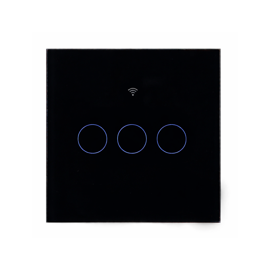 Interrupteur tactile Matter NéoGlass Comfort noir trois canaux sur fond blanc.