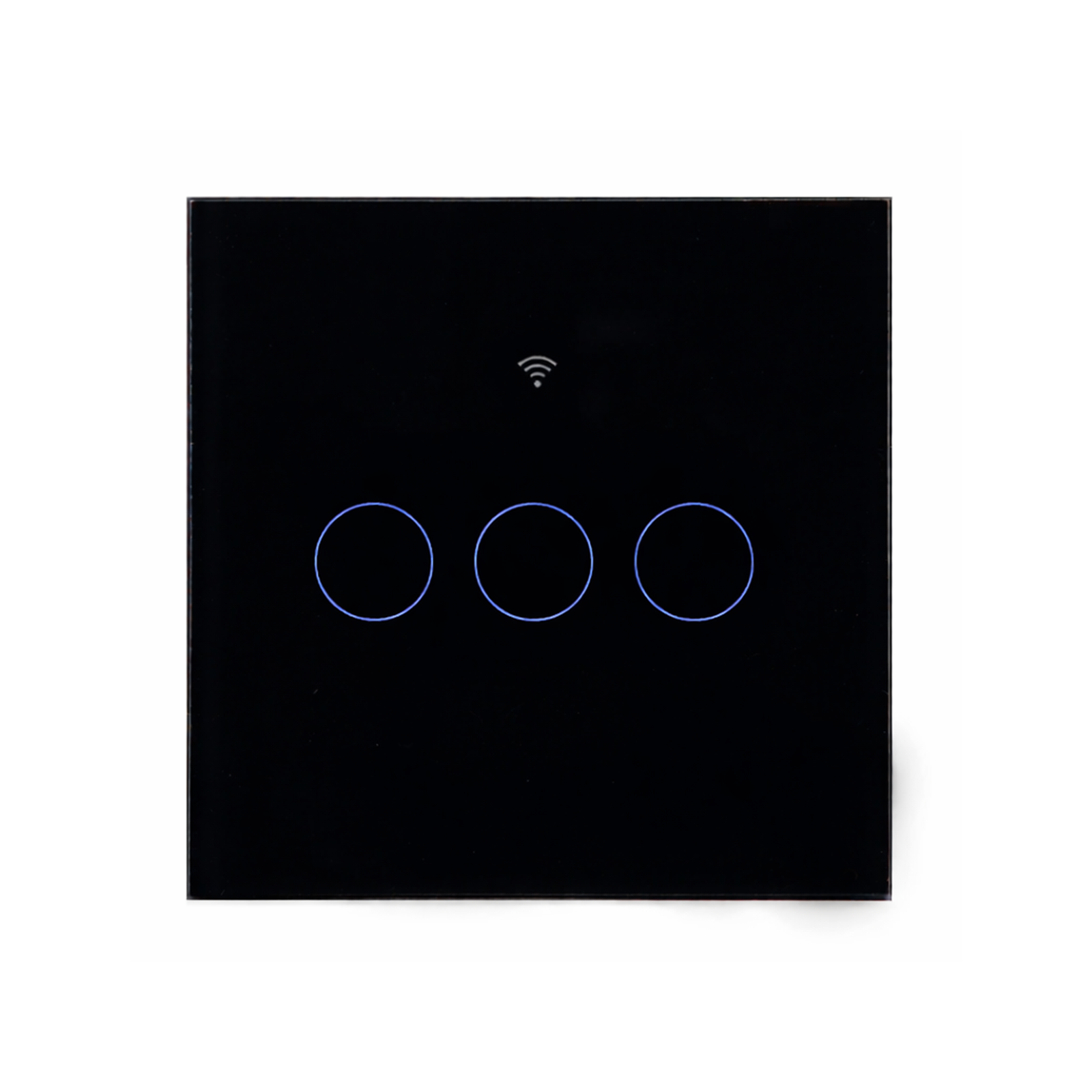 Interrupteur tactile Matter NéoGlass Comfort noir trois canaux sur fond blanc.