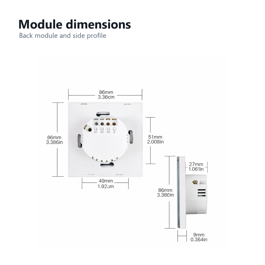Back module dimensions and side profile for NéoGlass Matter Comfort switch