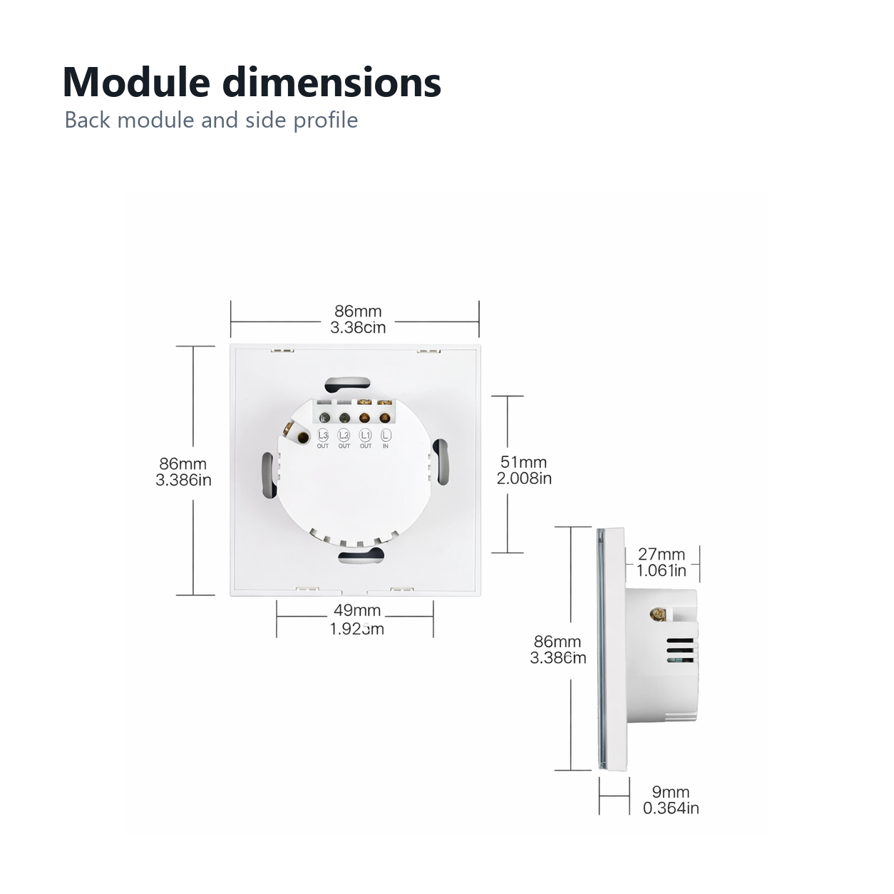 Back module dimensions and side profile for NéoGlass Matter Comfort switch
