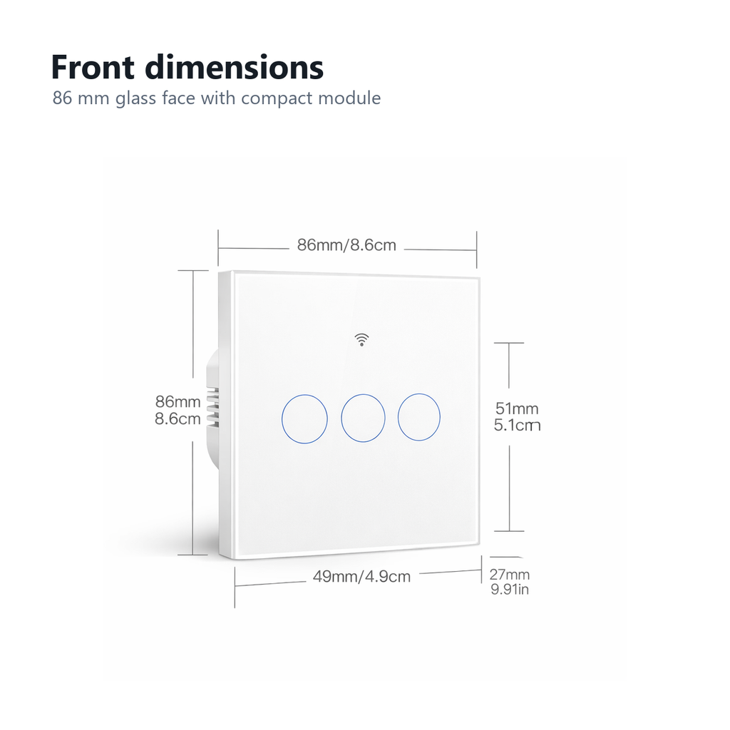 Front dimensions for NéoGlass Matter Comfort three-touch switch