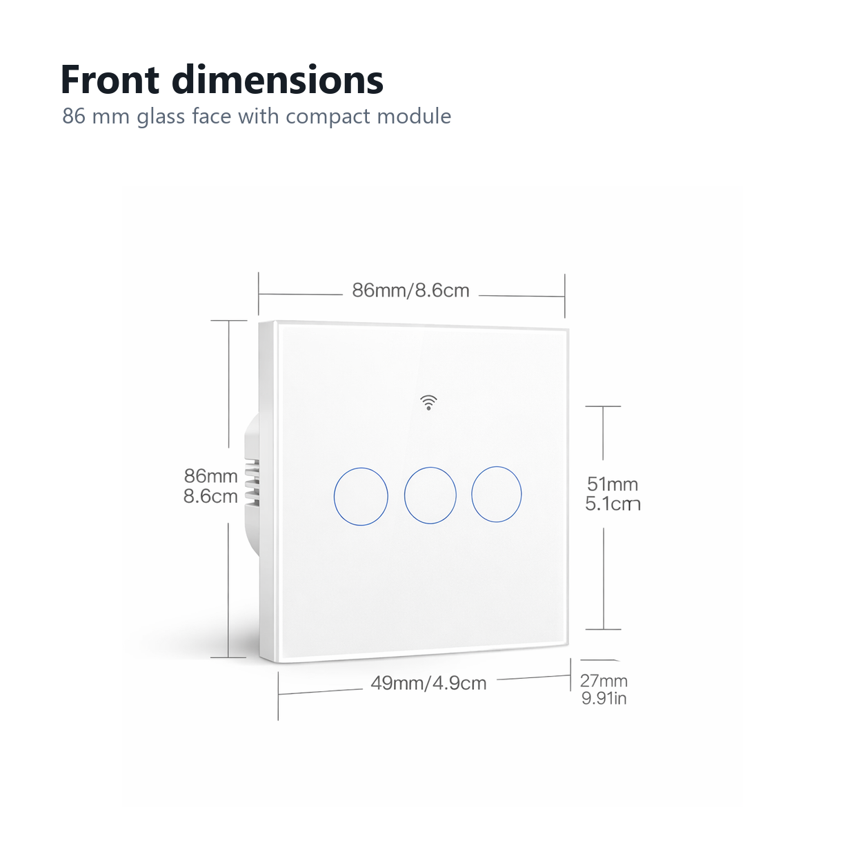 Front dimensions for NéoGlass Matter Comfort three-touch switch