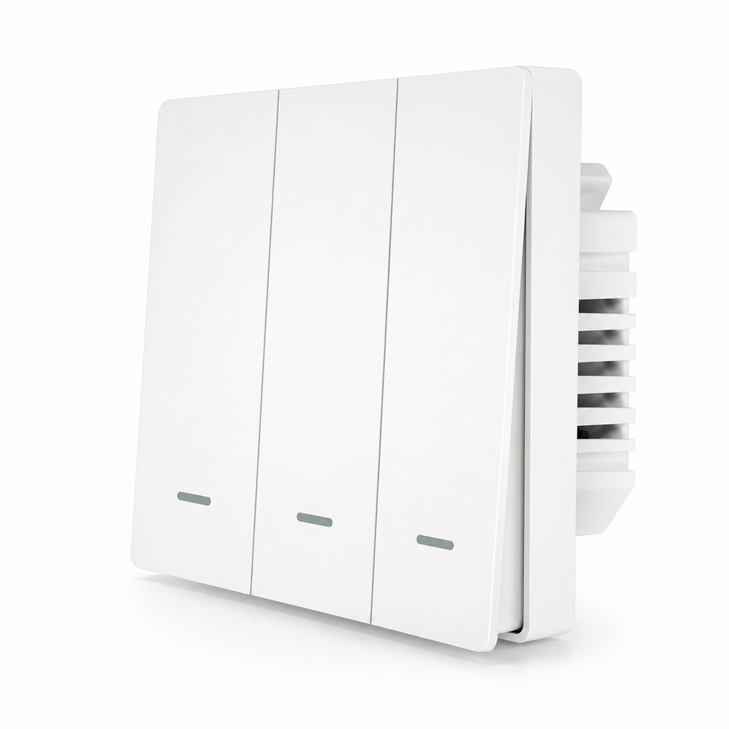 NéoGlass Multi-Wire Comfort, interrupteur Zigbee blanc à trois boutons avec module arrière intégré.