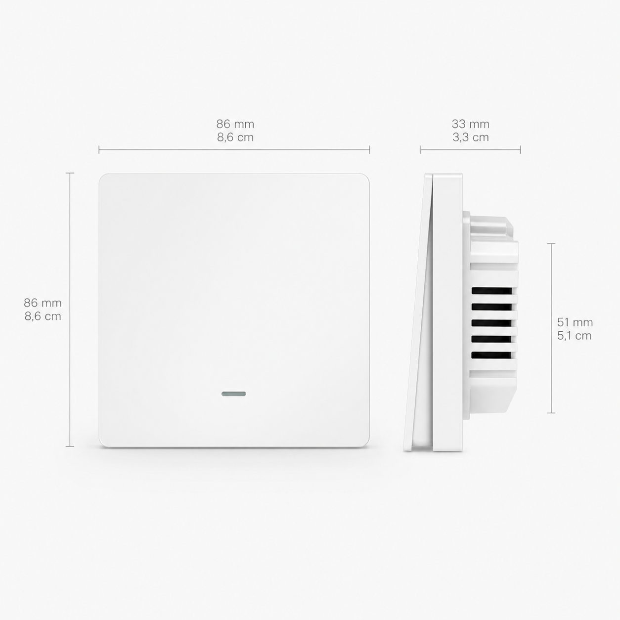 NéoGlass Multi-Wire Comfort, schéma des dimensions de l'interrupteur mural et de son module arrière.