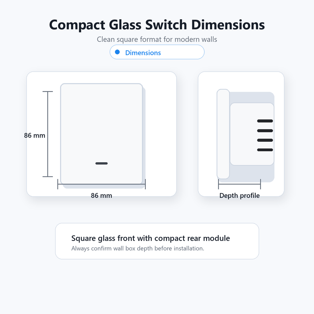 Dimensions diagram for ZigBee glass wall switch