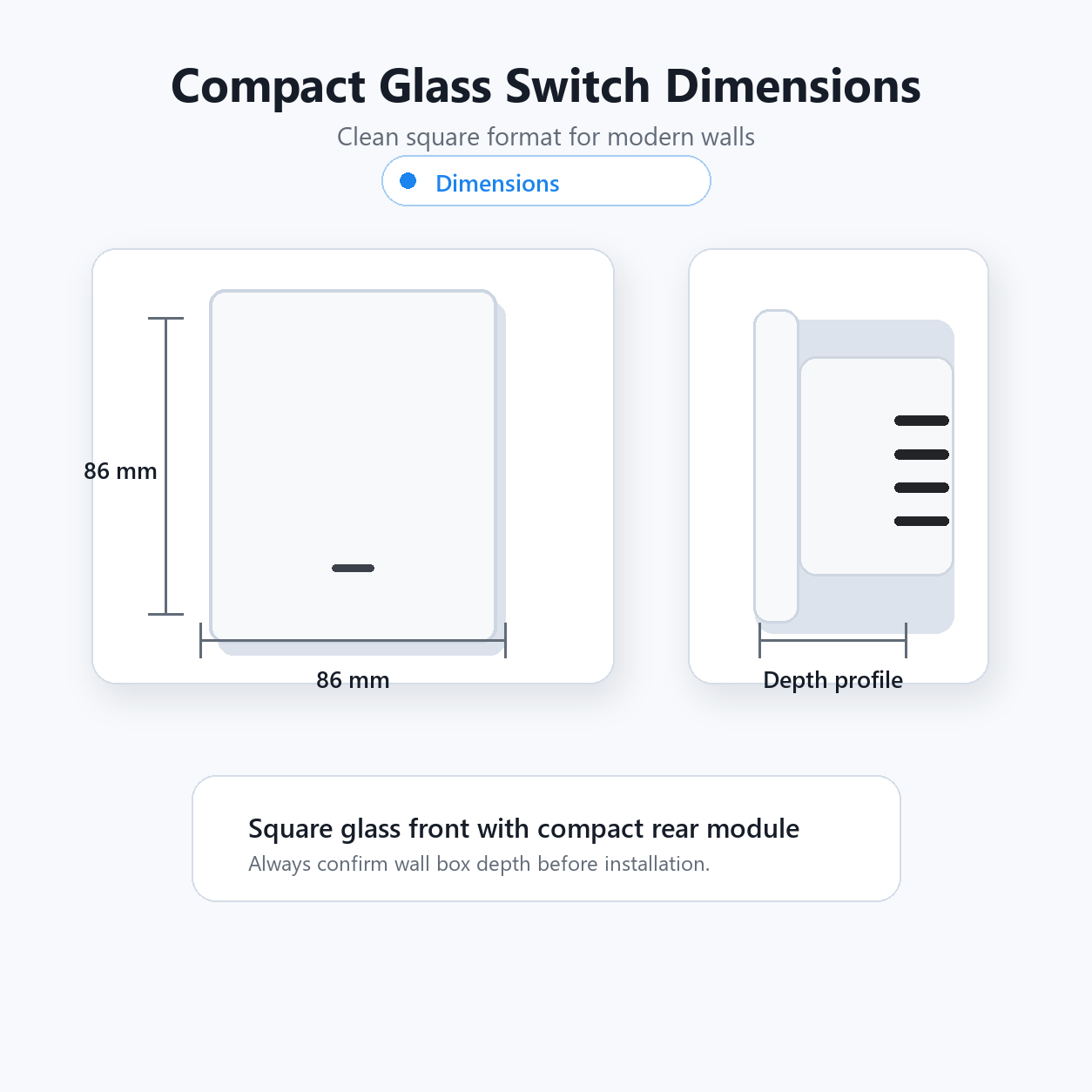 Dimensions diagram for ZigBee glass wall switch