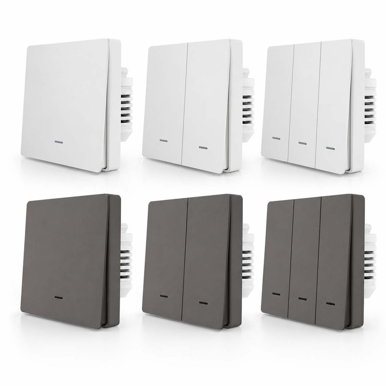 NéoGlass Multi-Wire Comfort, gamme d'interrupteurs Zigbee blancs et gris en versions un, deux et trois boutons.