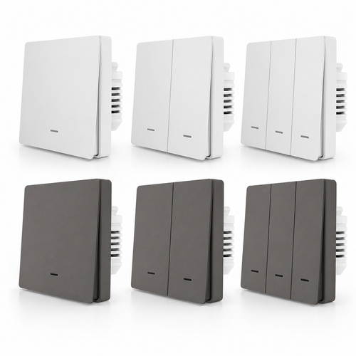 NéoGlass Multi-Wire Comfort, gamme d'interrupteurs Zigbee blancs et gris en versions un, deux et trois boutons.