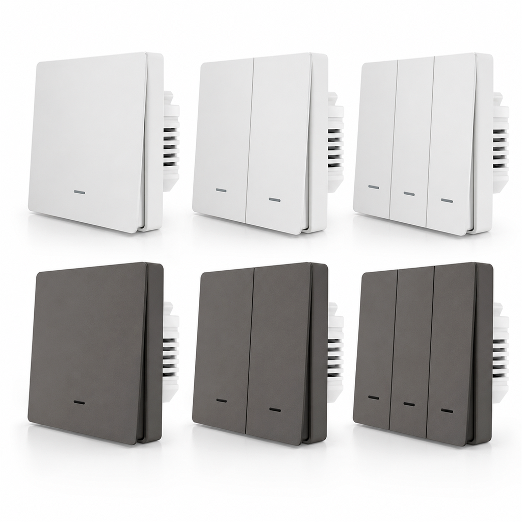 Gamme NéoGlass Multi-Wire Comfort avec interrupteurs ZigBee blancs et gris à un, deux et trois boutons sur fond blanc.
