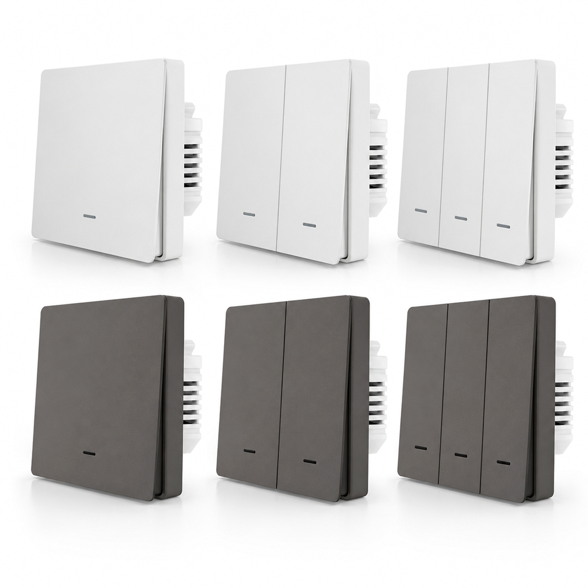 Gamme NéoGlass Multi-Wire Comfort avec interrupteurs ZigBee blancs et gris à un, deux et trois boutons sur fond blanc.