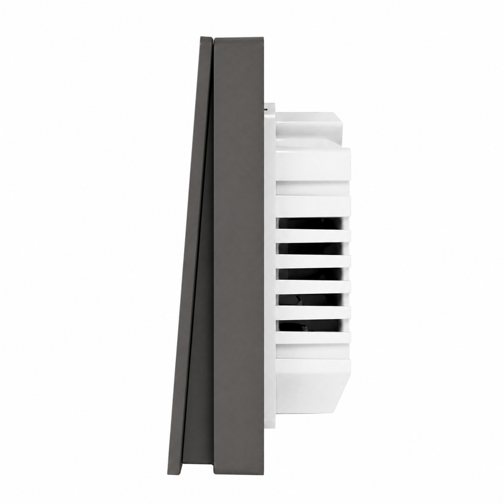 Side profile of gray ZigBee glass switch with rear module