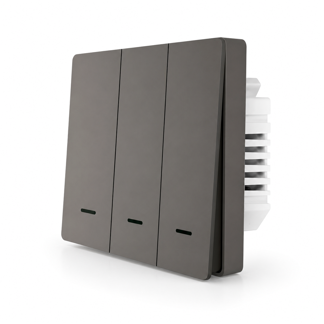 Studio image of gray three-button ZigBee glass switch