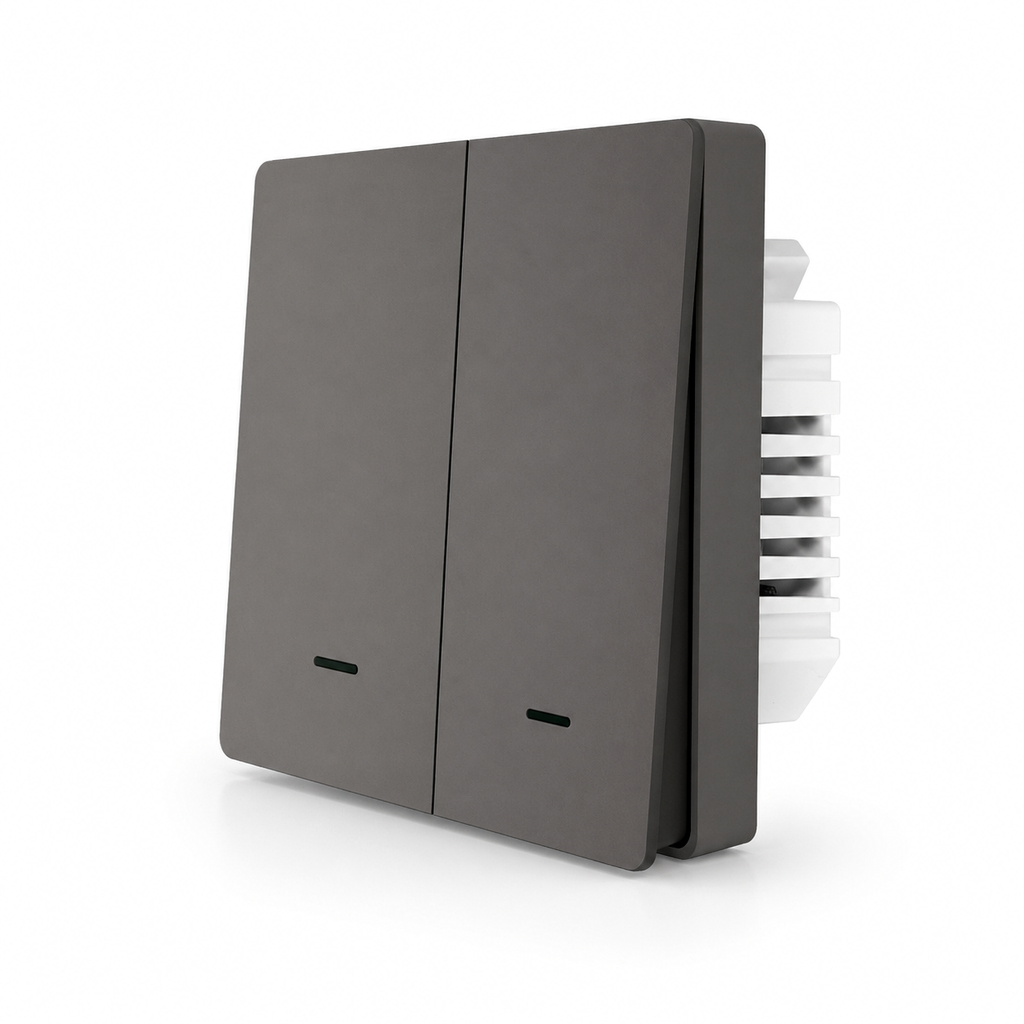 Studio image of gray two-button ZigBee glass switch