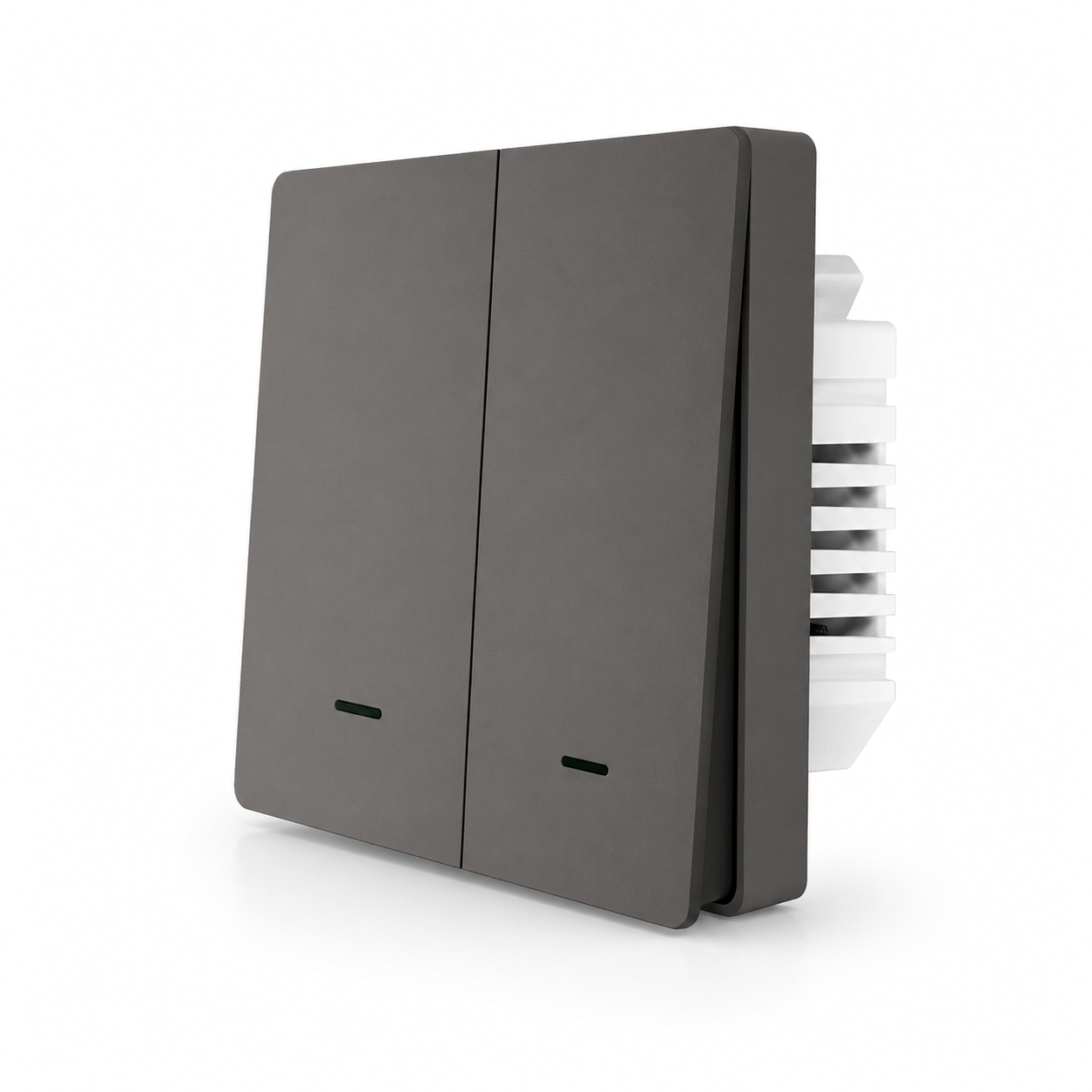 Studio image of gray two-button ZigBee glass switch