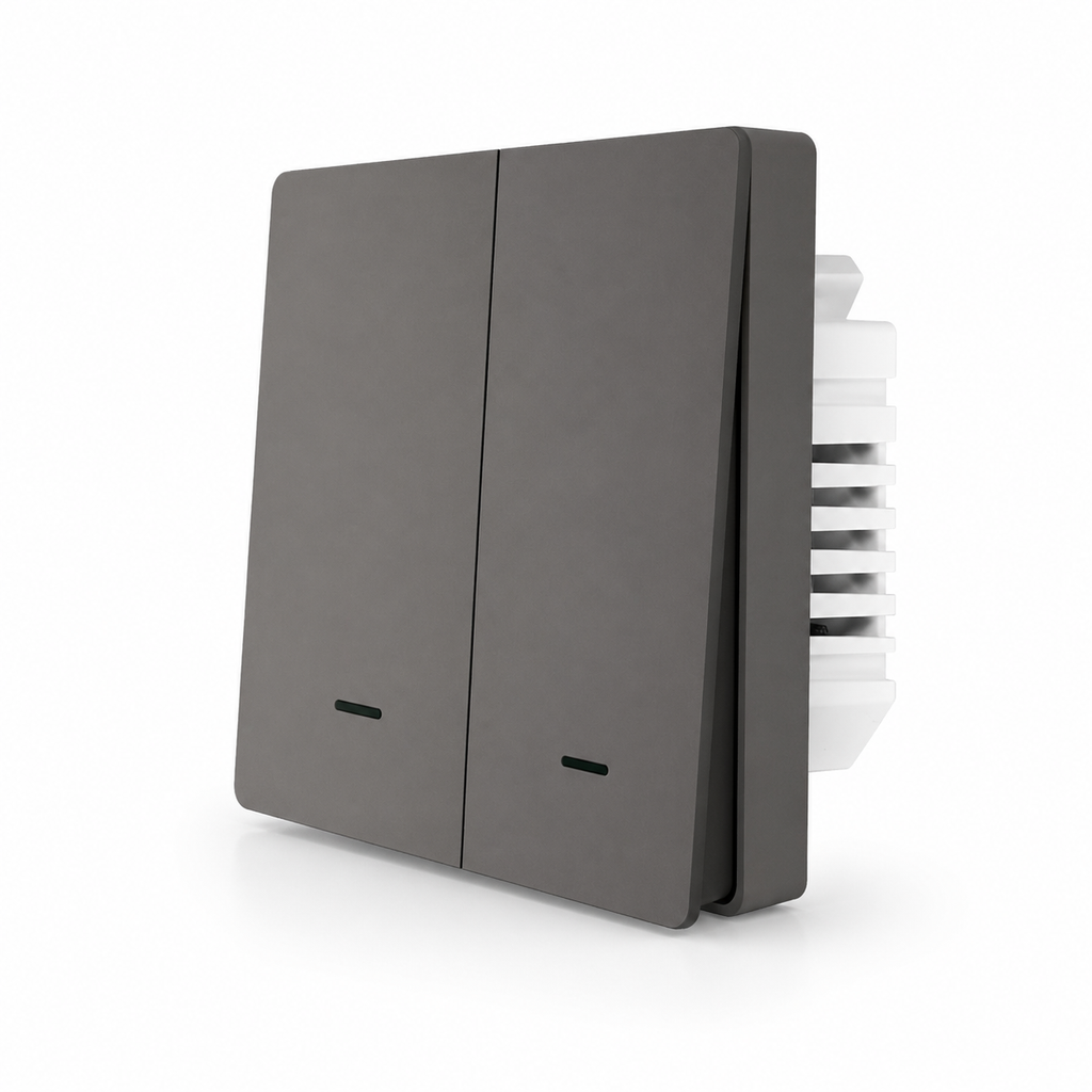 NéoGlass Multi-Wire Comfort, interrupteur Zigbee gris à deux boutons avec façade tactile.