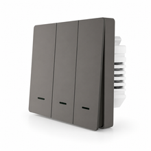 NéoGlass Multi-Wire Comfort, interrupteur Zigbee gris à trois boutons pour plusieurs points lumineux.