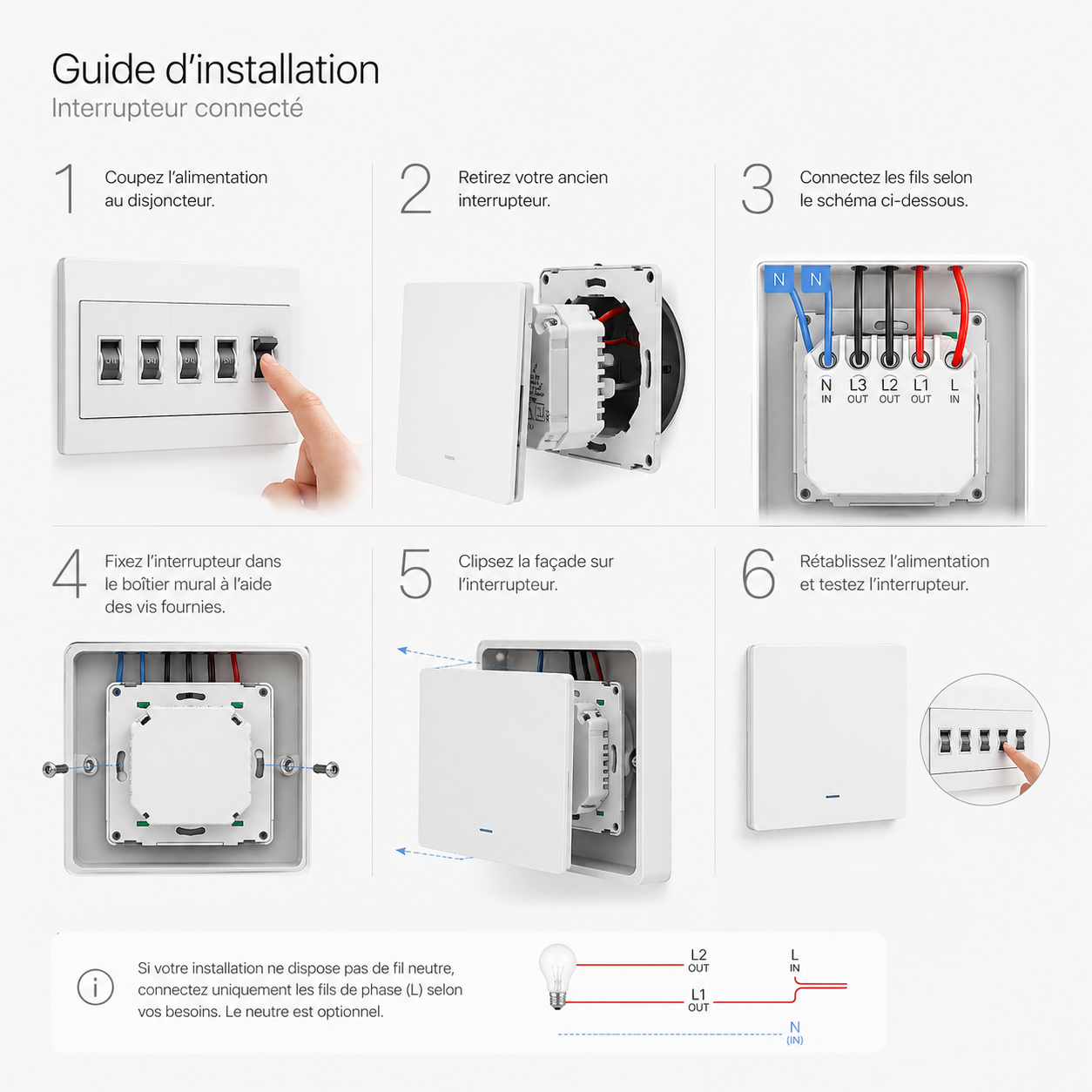 NéoGlass Multi-Wire Comfort, guide d'installation illustré avec câblage et fixation de l'interrupteur mural.